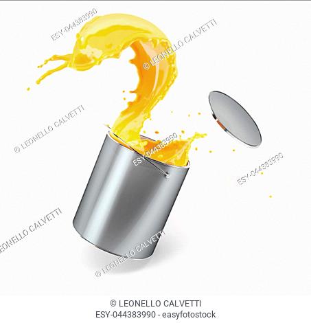 Metallic silver bucket full of paint, jumping with vibrant warm yellow paint splashing out of it with flying lid. Isolated on white background