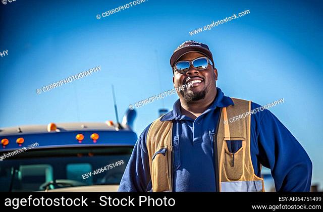 Truck driver in front of truck with copy space. Happy confident male driver standing in front on his truck and looking at camera