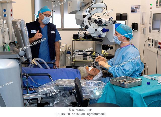 Reportage in the ophthalmology service in Pasteur 2 Hospital, Nice, France. In the operating theatre, treatment of a retinal detachment through vitrectomy