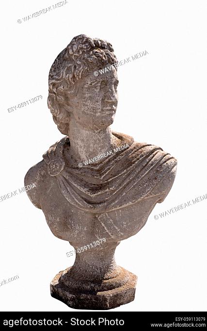 Ancient stone sculpture of man's bust on white background