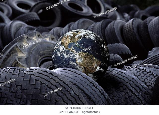 THE EARTH ABANDONED AT A TIRE DUMP, ILLUSTRATION OF A DEAD AND POLLUTED PLANET, PHOTO EXHIBITION 'FRAGILE EARTH' PRESENTED BY THE ASSOCIATION 'L'EFFET COLIBRI'...