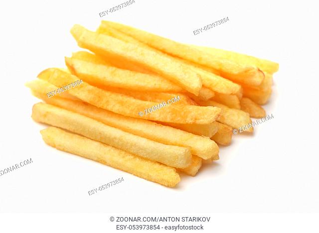 Stack of french fries isolated on white
