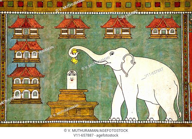 Murals (vegetable and herbal dyes) of Thiruvilayadal Puranam (Lord Shivas Game, the collection of 64 stories, composed by Paranjyoti Munivar) in Sri Meenakshi...