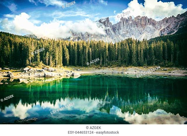 view of Lago di Carezza Dolomites Italy