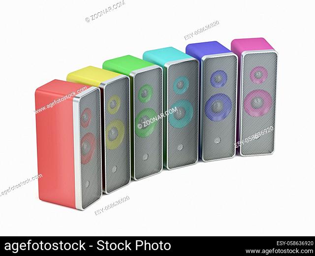 Computer speakers with different colors on white background