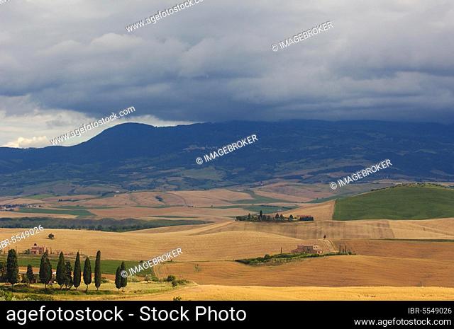 Val d'Orcia, Orcia Valley, fields and farms, Tuscany landscape, UNESCO World Heritage Site, Pienza, Siena Province, Tuscany, Italy, Europe