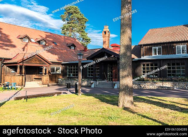 Rattvik, Dalarna, Sweden - 08 05 2019: Typical brown wooden Swedish Parish house