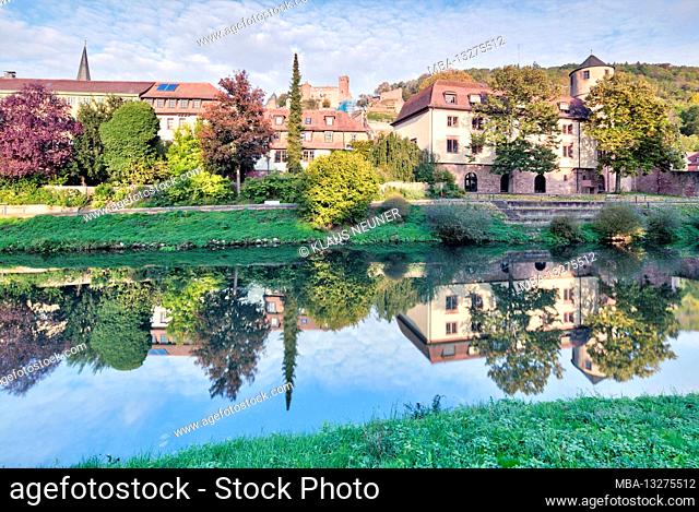 View over river Tauber, castle, former royal court, white tower, town hall, Wertheim, Baden-Wuerttemberg, Germany, Europe