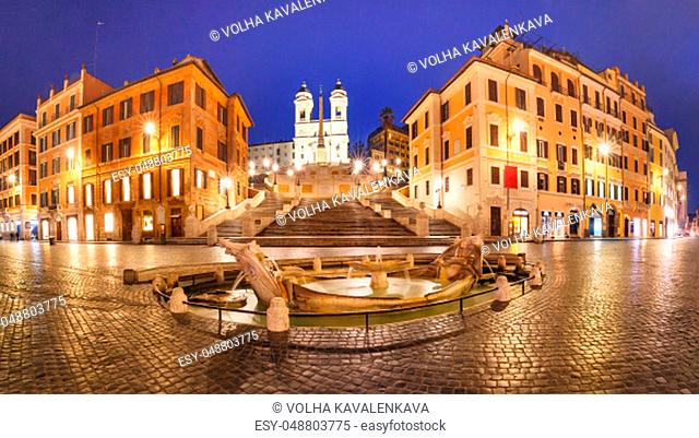 Panorama of stairway Spanish Steps, Piazza di Spagna, and the Early Baroque fountain called Fontana della Barcaccia or Fountain of the ugly Boat during morning...