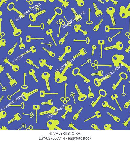 Yellow Silhouettes of Key Isolated on Blue Background. Seamless Gold Keys Pattern