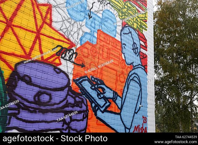 RUSSIA, NOVOSIBIRSK - SEPTEMBER 28, 2023: The Evolution 3.1 mural created by a painting drone at the Novosibirsk State Technical University