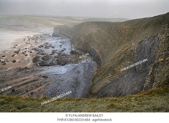 Clifftop view of limestone cliffs and boulders on beach in freezing fog, Dunraven Bay, Glamorgan Heritage Coast, Vale of Glamorgan, Wales, december