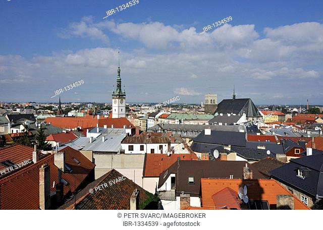 View of rooftops, town hall tower and St Maurice Church, historic town of Olomouc, Czech Republic, Europe