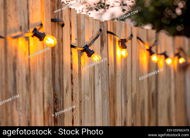 Cosy light bulbs lined up in a row, against a wooden garden fence. There are some green bushes and green grass in the background