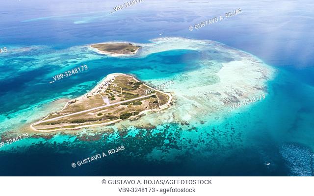 Atoll Surrounded by crystal clear waters and beautiful beaches of fine white sand. Aerial View Archipelago Los Roques Venezuela