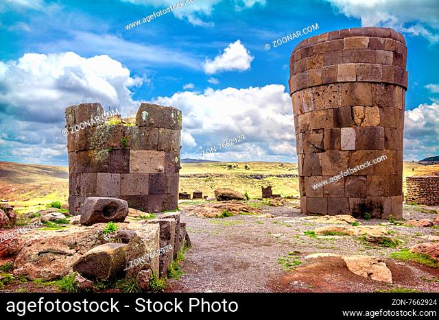 Sillustani - pre-Incan burial ground (tombs) on the shores of Lake Umayo near Puno, in Peru