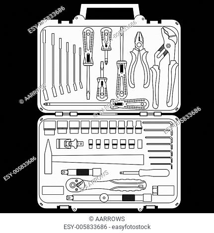 vector set of different tools in a box