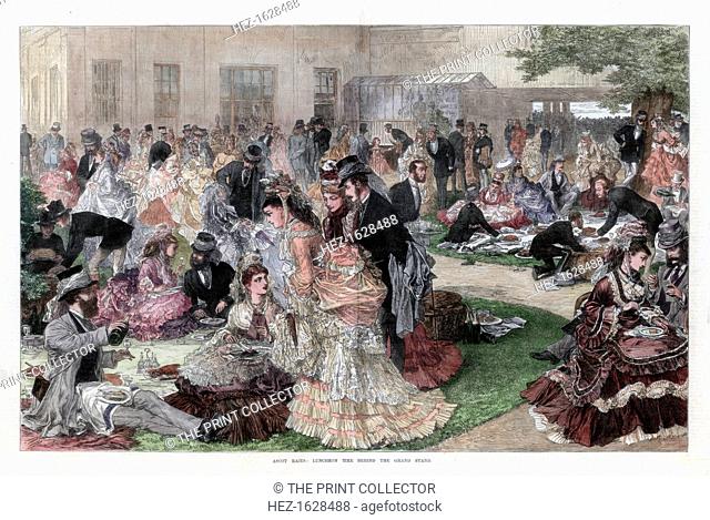 Luncheon time behind the grand stand, Ascot races, 1872. A print from The Illustrated London News, 15th June 1872. Hand-coloured later
