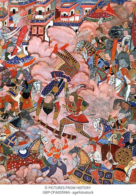 India: The Battle of Mazandaran, depicting a scene in which Khwajah 'Umar and Hamzah and their armies engage in fierce battle