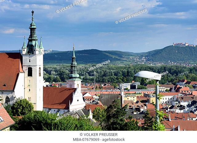 Krems an der Donau, church Piaristenkirche (left), church St. Veit (center), Stift GÃ¶ttweig monastery at hill in Wachau, Lower Austria, Austria
