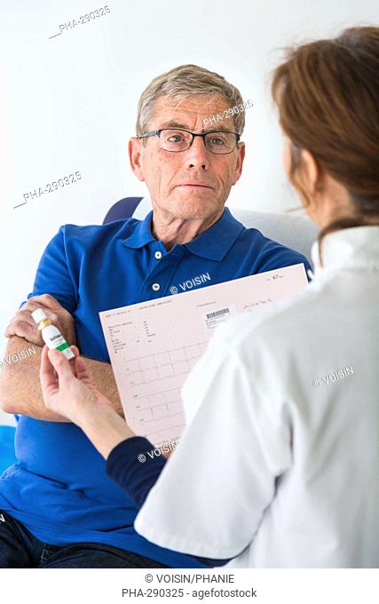 Doctor showing vasodilator medication containing the trinitine treatment of the crisis of angina