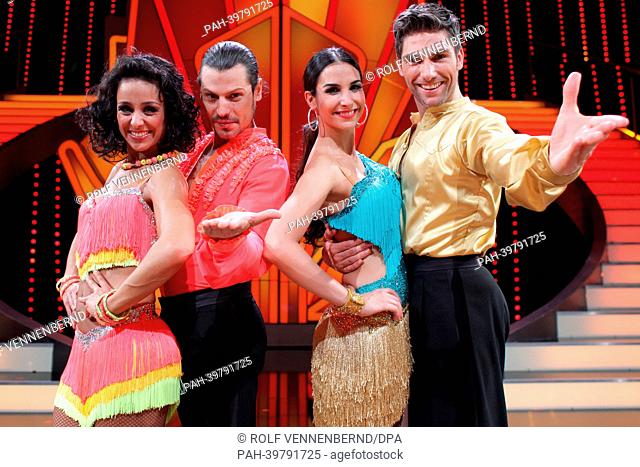 Sila Sahin and Christian Polanc (R) and Manuel Cortez and Melissa Ortiz-Gomez pose for the camera on stage during the dance show 'Let's Dance' of broadcaster...