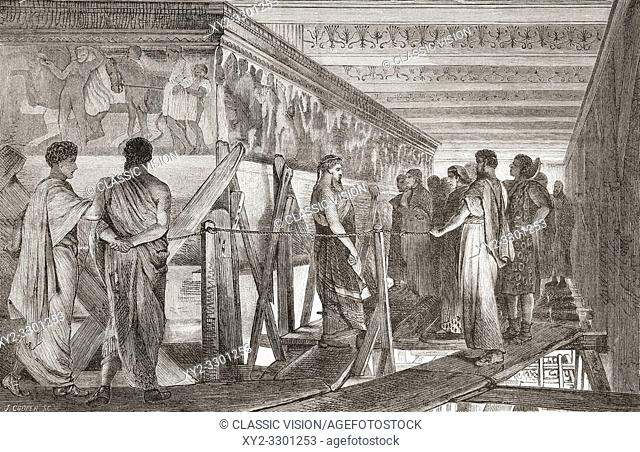 Phidias showing the frieze of the Parthenon to his friends, after the painting by Sir Lawrence Alma-Tadema. Phidias or Pheidias, c. 480-430 BC