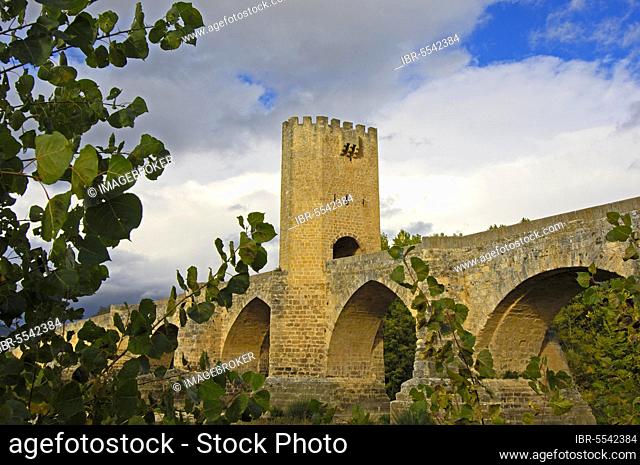 Medieval bridge over Ebro river, Frias, Burgos, Castilla-Leon, Spain, Europe