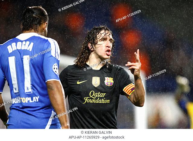 18 04 2012 Stamford Bridge, Chelsea, London Carles Puyol of FC Barcelona argues with the referee about a decision during the Champions League Semi Final 1st leg...