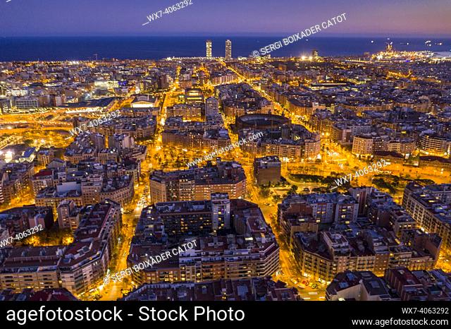 Aerial view of The Eixample, the octogonal grid of Barcelona, Catalonia, Spain)