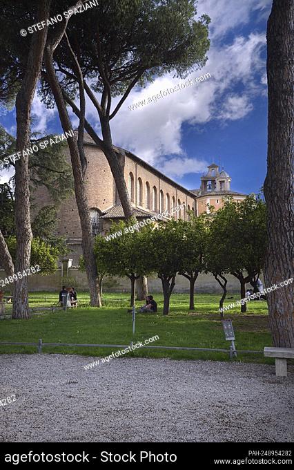 Rome Colle Aventino, The Basilica of Saint Sabina seen from the Orange Garden. The basilica of Santa Sabina all'Aventino is a Catholic place of worship in the...