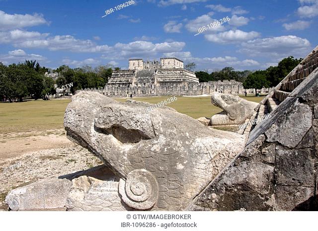 Chichen Itza, Quetzalcoatl, Feathered Serpent deity and Templo de los Guerreros, Temple of the Warriors in the background, Yucatan, Mexico