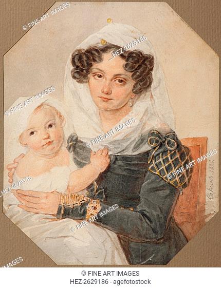 Portrait of Countess Maria Nikolayevna Volkonskaya (1805-1863) with son Nikolay, 1826. Artist: Sokolov, Pyotr Fyodorovich (1791-1848)