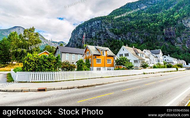 Townscape Sylte or Valldal administrative center of Norddal Municipality, More og Romsdal Norway, with Valldalen valley and shore of Norddalsfjorden