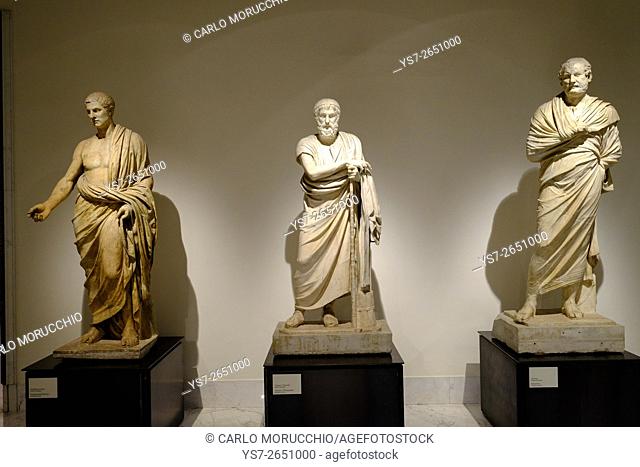 Marble sculptures of Distinguished Roman, Homer and Aeschines, from Villa of the Papyri in Herculaneum, Naples National Archaeological Museum, Naples, Italy