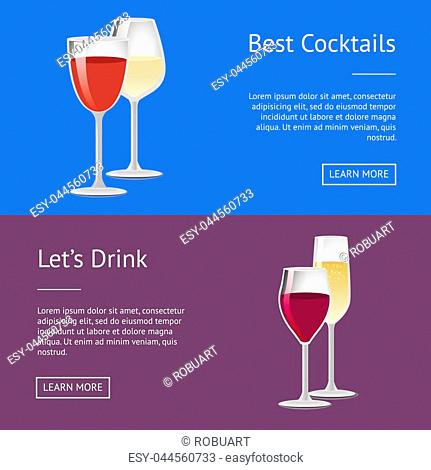 Best cocktails lets drink red wine and champagne glasses set of posters with place for text, vector glassware with winery drinks web online push button