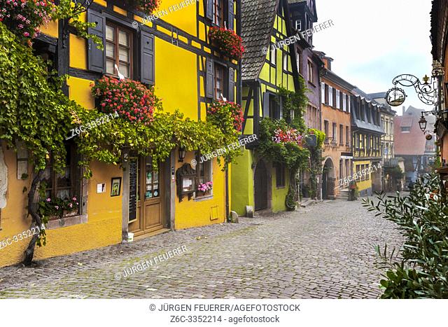colorful houses in the village Riquewihr, Alsace Wine Route, France, vine and flower-bedecked half-timbered houses