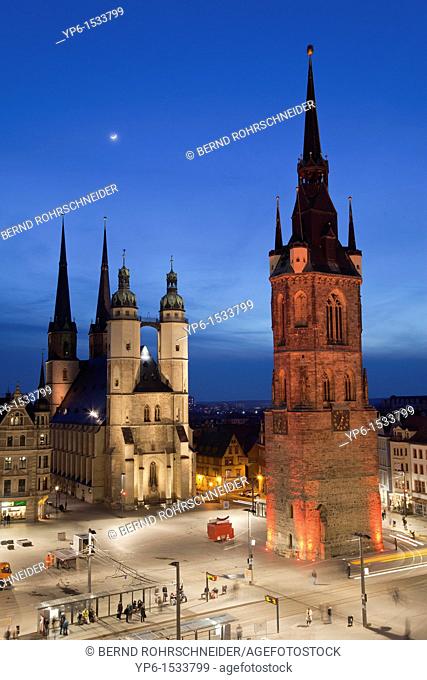 Marienkirche (St. Mary's Church) and Red Tower, illuminated at night, Halle, Germany
