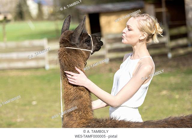 Woman face to face with llama on a paddock