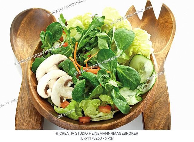 Mixed salad, lettuce, carrots, onions, corn salad, mushrooms, cucumbers, salad cutlery