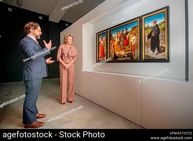 Queen Mathilde of Belgium receives a guided tour by curator Peter Carpreau during a royal visit to the 'Dieric Bouts, beeldenmaker' expo on painter Dieric Bouts...