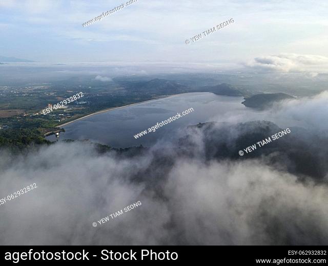 Aerial view lake Bukit Mertajam Mengkuang Dam and foggy morning cloud