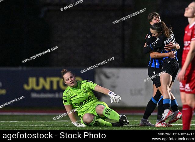 Isabelle Iliano (18) of Club YLA pictured celebrating with Angel Kerkhove (13) of Club YLA after scoring the 1-0 goal while goalkeeper Lowiese Seynhaeve (1) of...