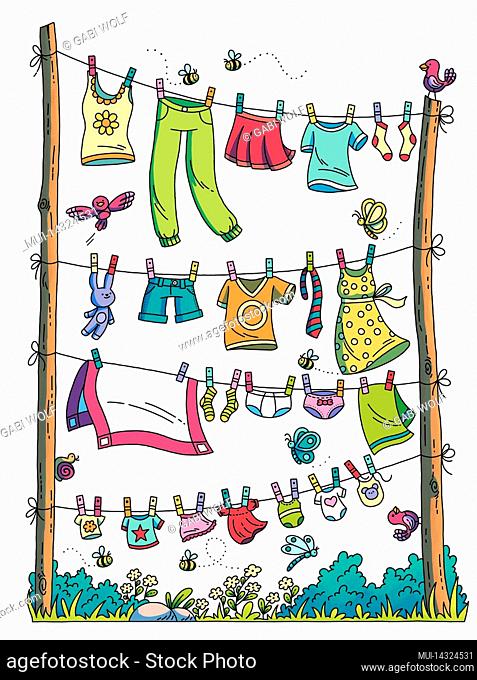 Hand drawn illustration, laundry on a line