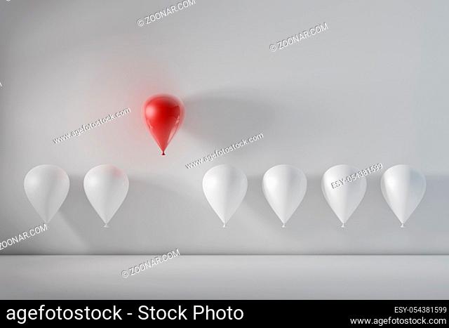 Stand out from the crowd and different concept , One red balloon flying away from other white balloons. 3D rendering