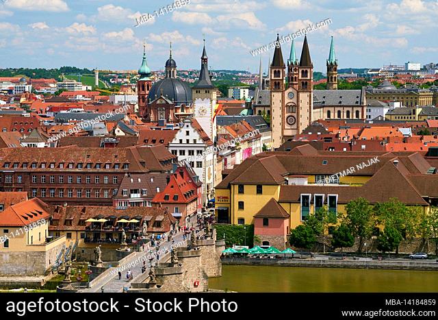 View from Marienberg Fortress to the historic old town and the Old Main Bridge of Würzburg and the Main, Lower Franconia, Franconia, Bavaria, Germany