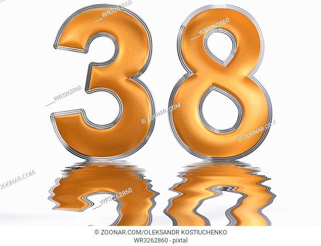Numeral 38, thirty eight, reflected on the water surface, isolated on white, 3d render