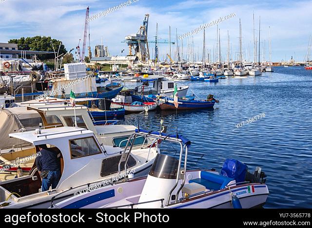 Fishing boats in La Cala area of Port of Palermo city of Southern Italy, the capital of autonomous region of Sicily