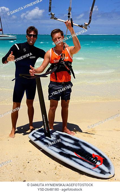 surfers with foilboard, new fast surfing sport - Foil boarding, Pointe d'Esny beach, Grand Port District, Southeastern coast of Mauritius, Mascarene