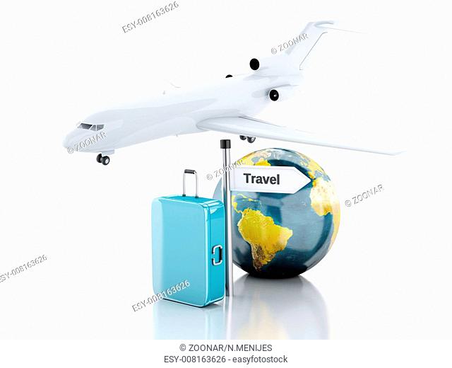 3d travel suitcase, airplane and world globe. trav